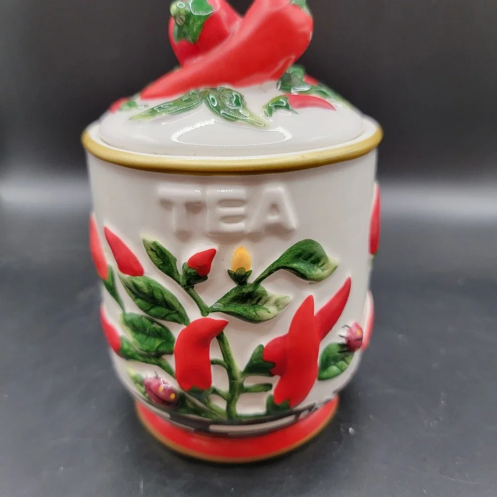 3 Pc Red Chili Pepper Canister Set Coffee,tea & Sugar